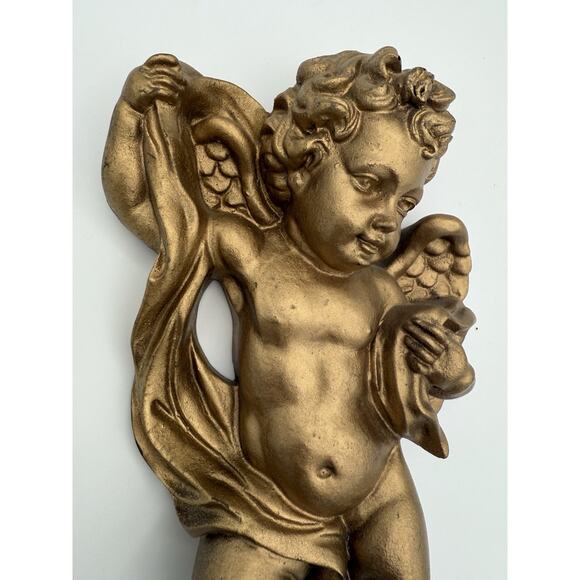 Angel Cherub Wall Hanging Putti Gold Gilt Finish Resin 9.5” Long Decor Vintage - Picture 2 of 9